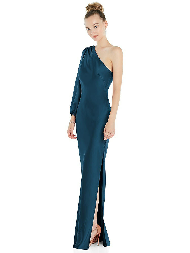 【STYLE: 8216】One-Shoulder Puff Sleeve Maxi Bias Dress with Side Slit【COLOR: Atlantic Blue】