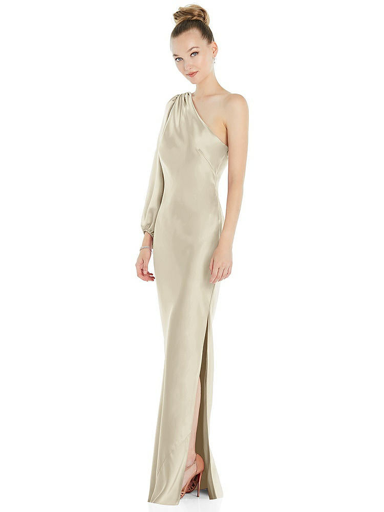 【NEW】【STYLE: 8216】ワンショルダー パフ スリーブ マキシ バイアス ドレス サイド スリット【COLOR: Champagne】【SIZE: 00-30W】