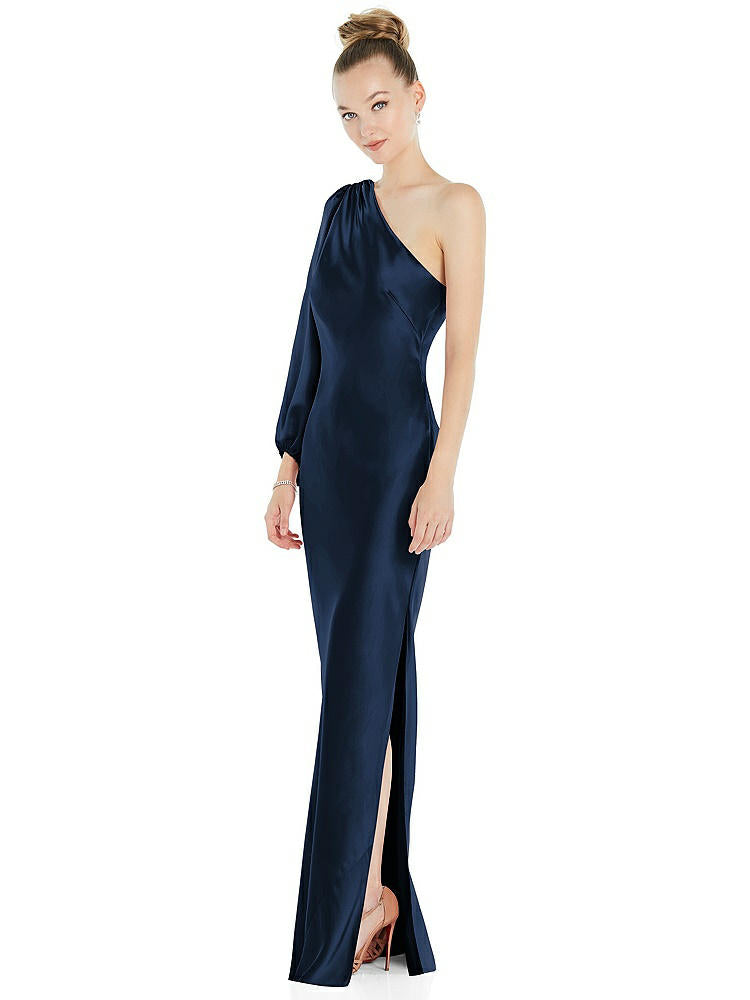 【NEW】【STYLE: 8216】ワンショルダー パフ スリーブ マキシ バイアス ドレス サイド スリット【COLOR: Midnight Navy】【SIZE: 00-30W】
