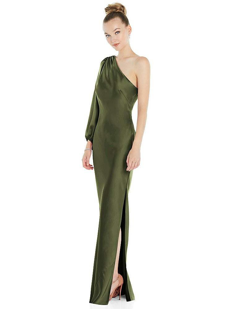 【NEW】【STYLE: 8216】ワンショルダー パフ スリーブ マキシ バイアス ドレス サイド スリット【COLOR: Olive Green】【SIZE: 00-30W】