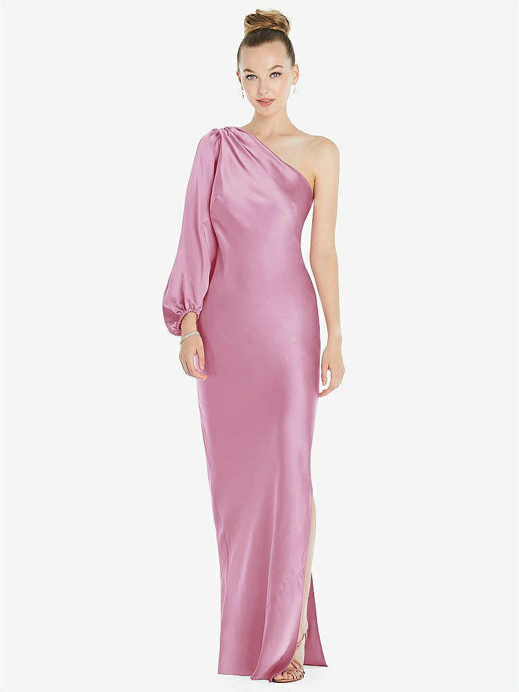 【STYLE: 8216】One-Shoulder Puff Sleeve Maxi Bias Dress with Side Slit【COLOR: Powder Pink】