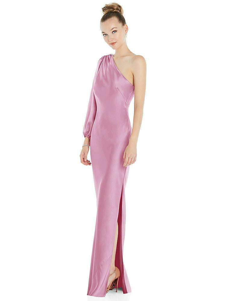 【NEW】【STYLE: 8216】ワンショルダー パフ スリーブ マキシ バイアス ドレス サイド スリット【COLOR: Powder Pink】【SIZE: 00-30W】