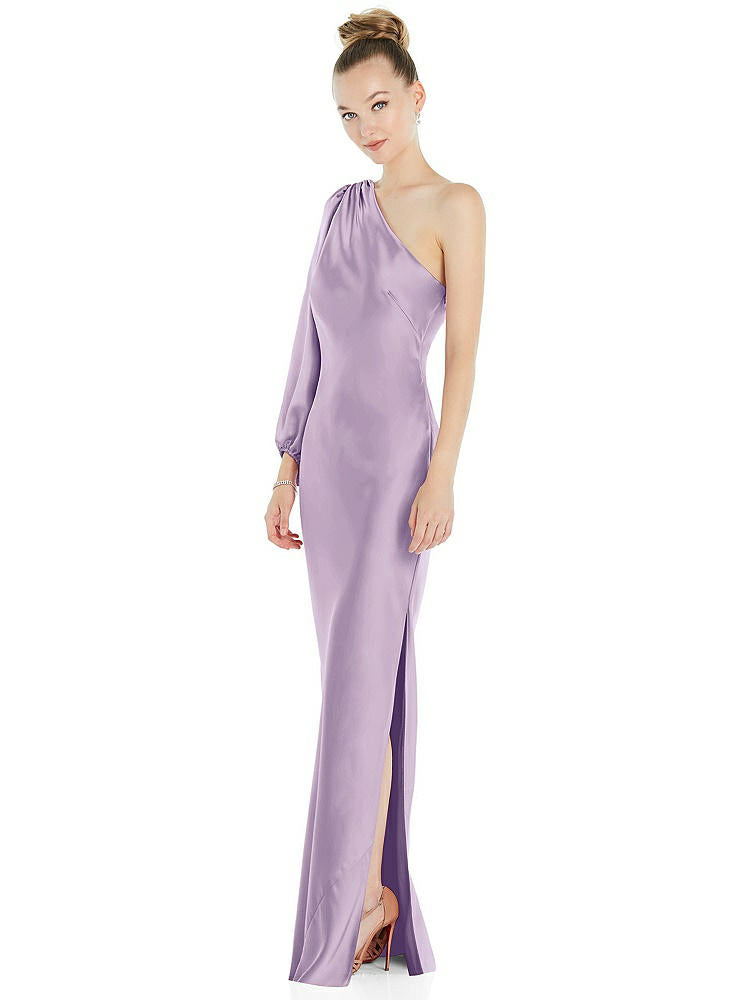 【NEW】【STYLE: 8216】ワンショルダー パフ スリーブ マキシ バイアス ドレス サイド スリット【COLOR: Pale Purple】【SIZE: 00-30W】