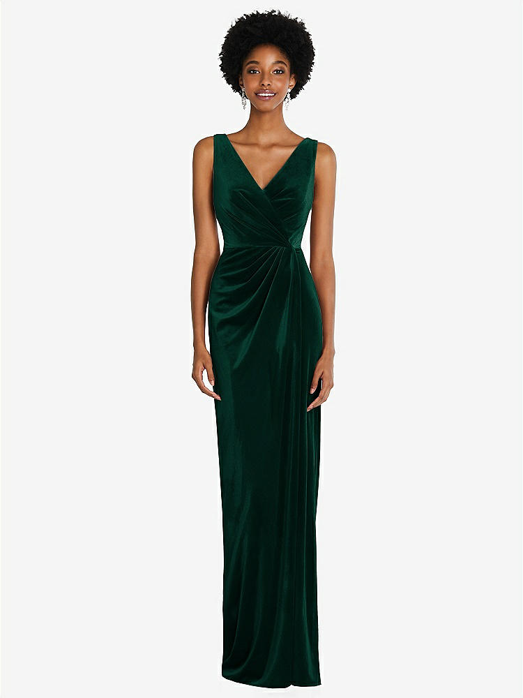 【STYLE: 6861】Draped Skirt Faux Wrap Velvet Maxi Dress【COLOR: Evergreen】