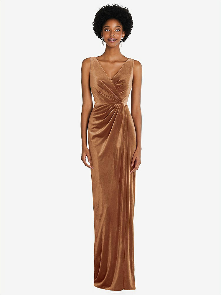 【STYLE: 6861】Draped Skirt Faux Wrap Velvet Maxi Dress【COLOR: Golden Almond】