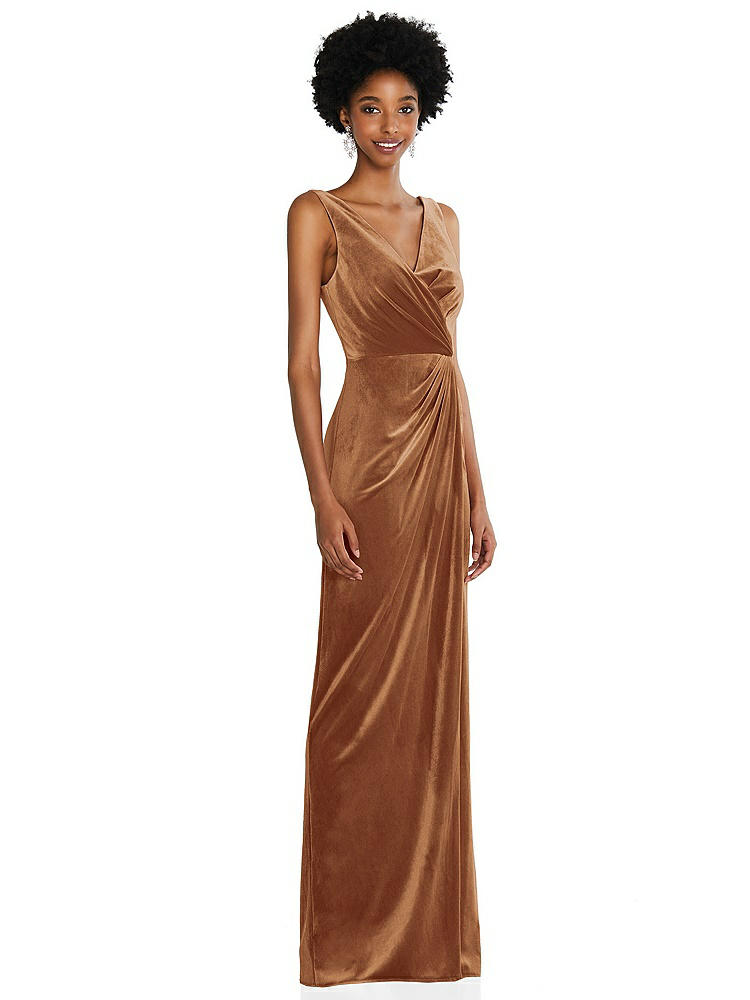 【STYLE: 6861】Draped Skirt Faux Wrap Velvet Maxi Dress【COLOR: Golden Almond】