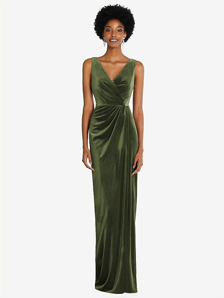 【STYLE: 6861】Draped Skirt Faux Wrap Velvet Maxi Dress【COLOR: Olive Green】