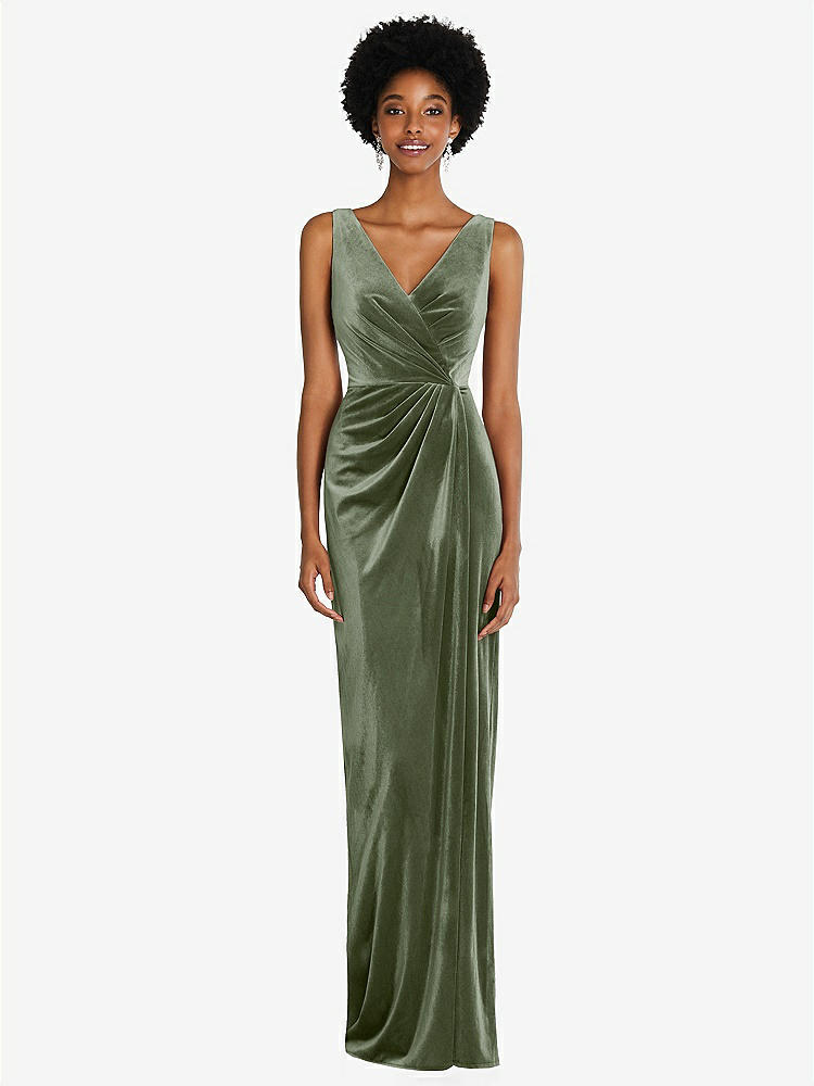 【STYLE: 6861】Draped Skirt Faux Wrap Velvet Maxi Dress【COLOR: Sage】