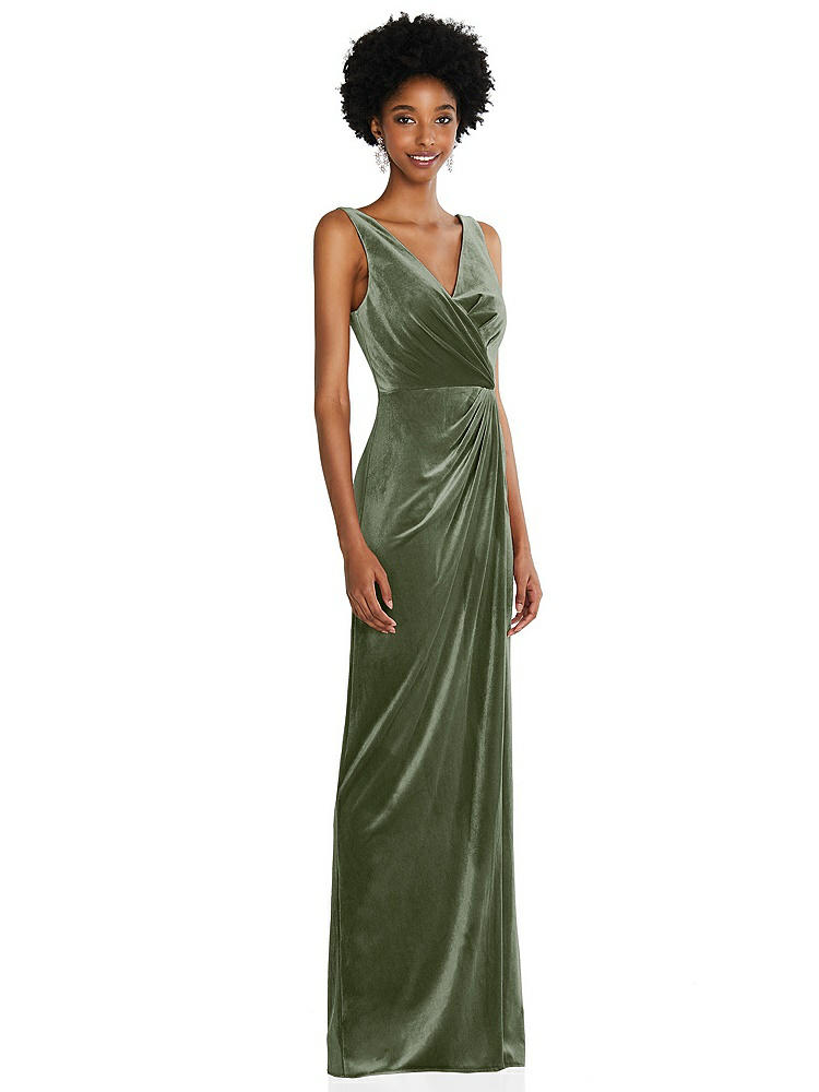 【STYLE: 6861】Draped Skirt Faux Wrap Velvet Maxi Dress【COLOR: Sage】