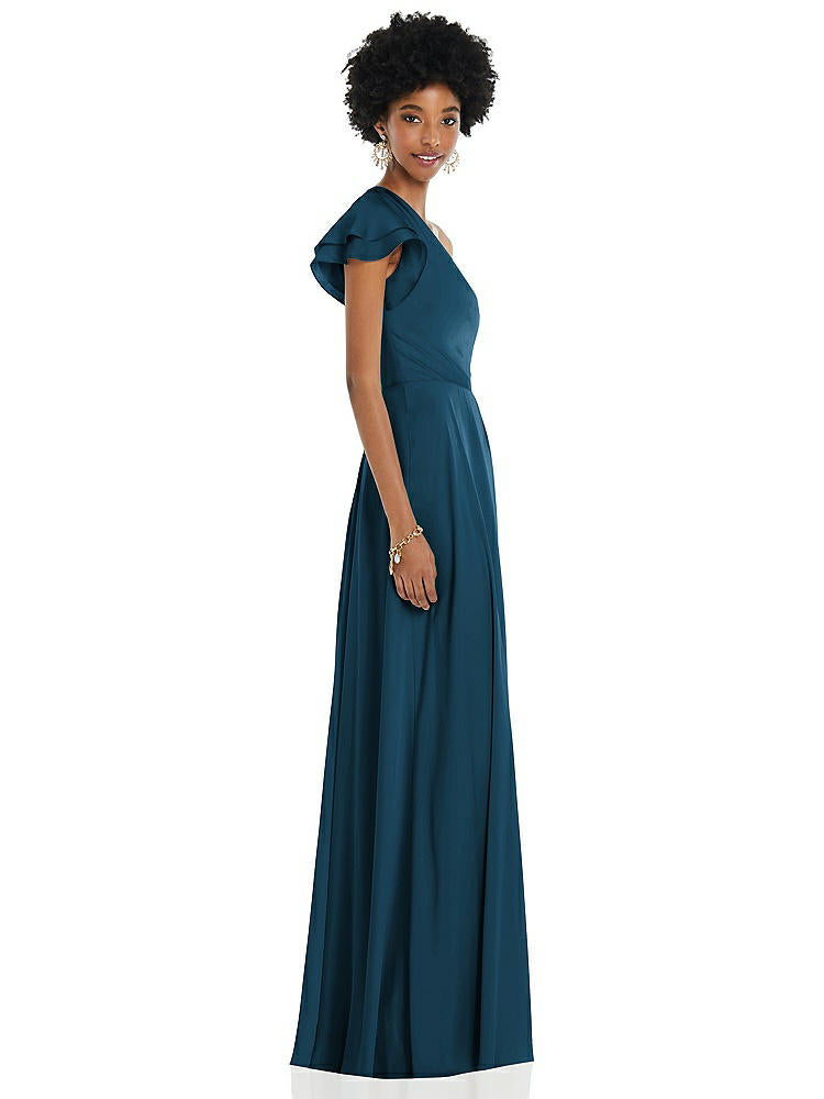 【NEW】【STYLE: 3099】ドレープ ワンショルダー フラッター 袖 マキシ ドレス 前面 スリット【COLOR: Atlantic Blue】【SIZE: 00-30W】