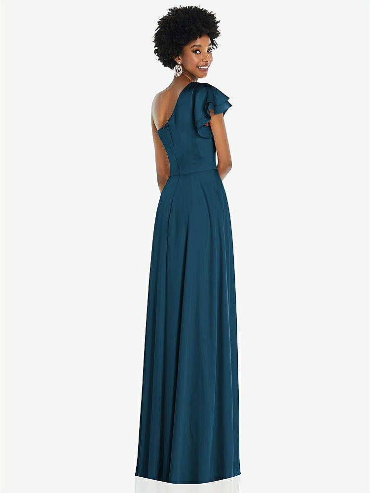 【NEW】【STYLE: 3099】ドレープ ワンショルダー フラッター 袖 マキシ ドレス 前面 スリット【COLOR: Atlantic Blue】【SIZE: 00-30W】