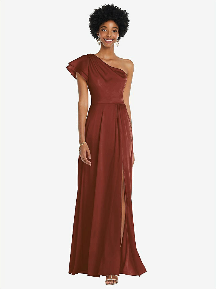 【NEW】【STYLE: 3099】ドレープ ワンショルダー フラッター 袖 マキシ ドレス 前面 スリット【COLOR: Auburn Moon】【SIZE: 00-30W】