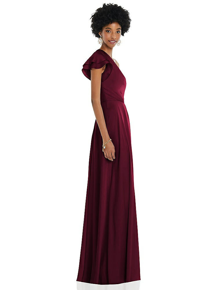 【NEW】【STYLE: 3099】ドレープ ワンショルダー フラッター 袖 マキシ ドレス 前面 スリット【COLOR: Cabernet】【SIZE: 00-30W】