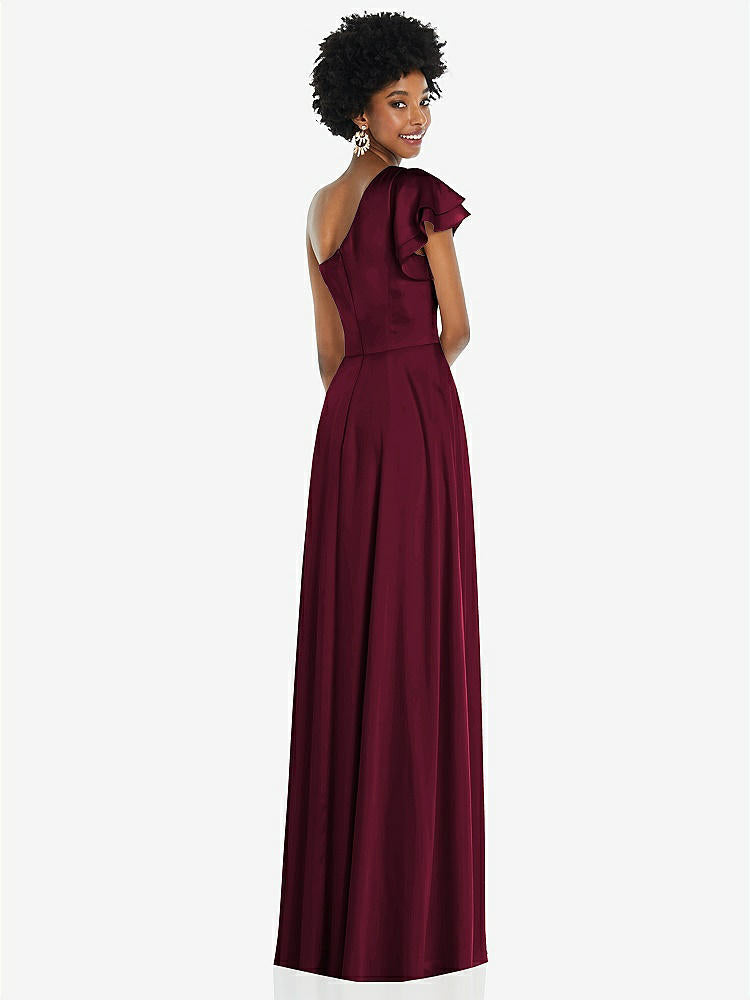 【NEW】【STYLE: 3099】ドレープ ワンショルダー フラッター 袖 マキシ ドレス 前面 スリット【COLOR: Cabernet】【SIZE: 00-30W】