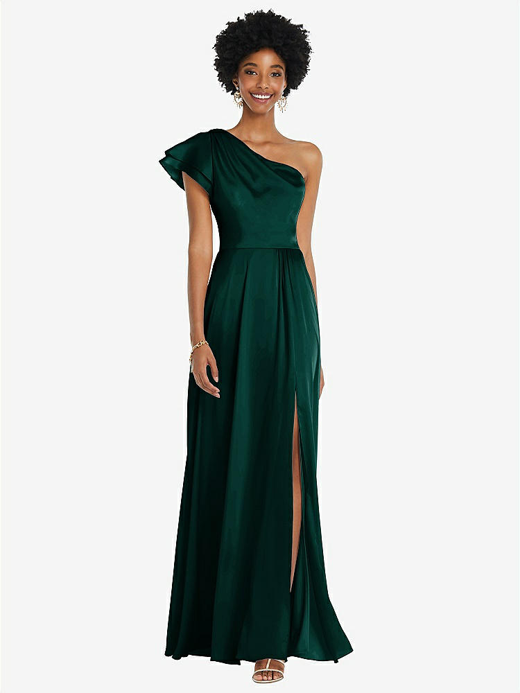 【NEW】【STYLE: 3099】ドレープ ワンショルダー フラッター 袖 マキシ ドレス 前面 スリット【COLOR: Evergreen】【SIZE: 00-30W】