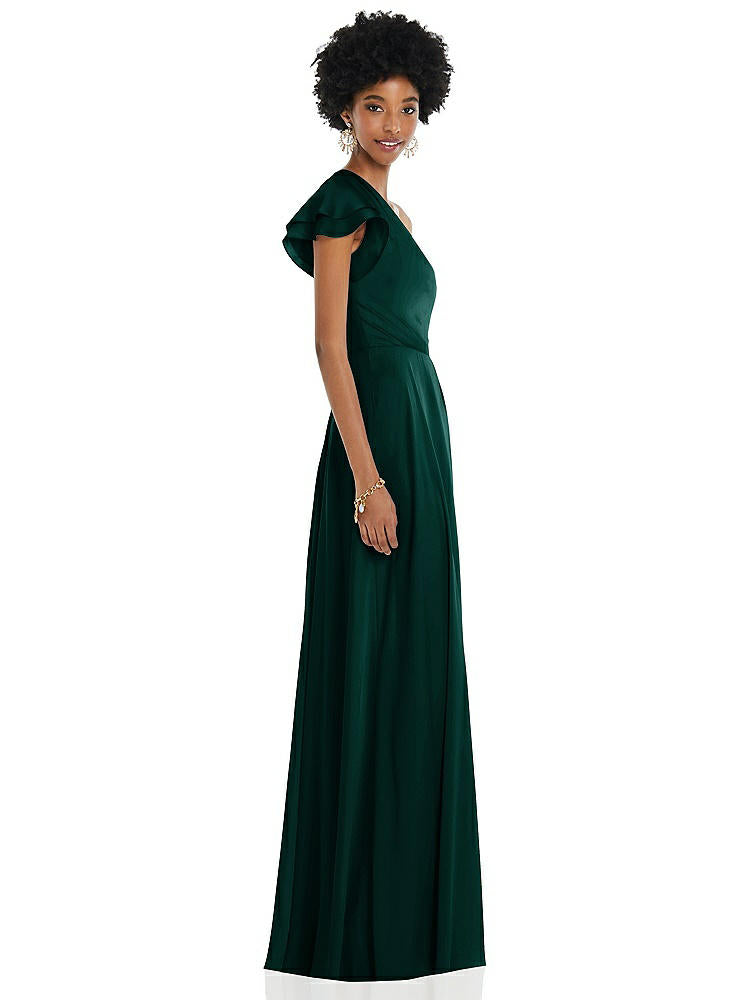 【NEW】【STYLE: 3099】ドレープ ワンショルダー フラッター 袖 マキシ ドレス 前面 スリット【COLOR: Evergreen】【SIZE: 00-30W】