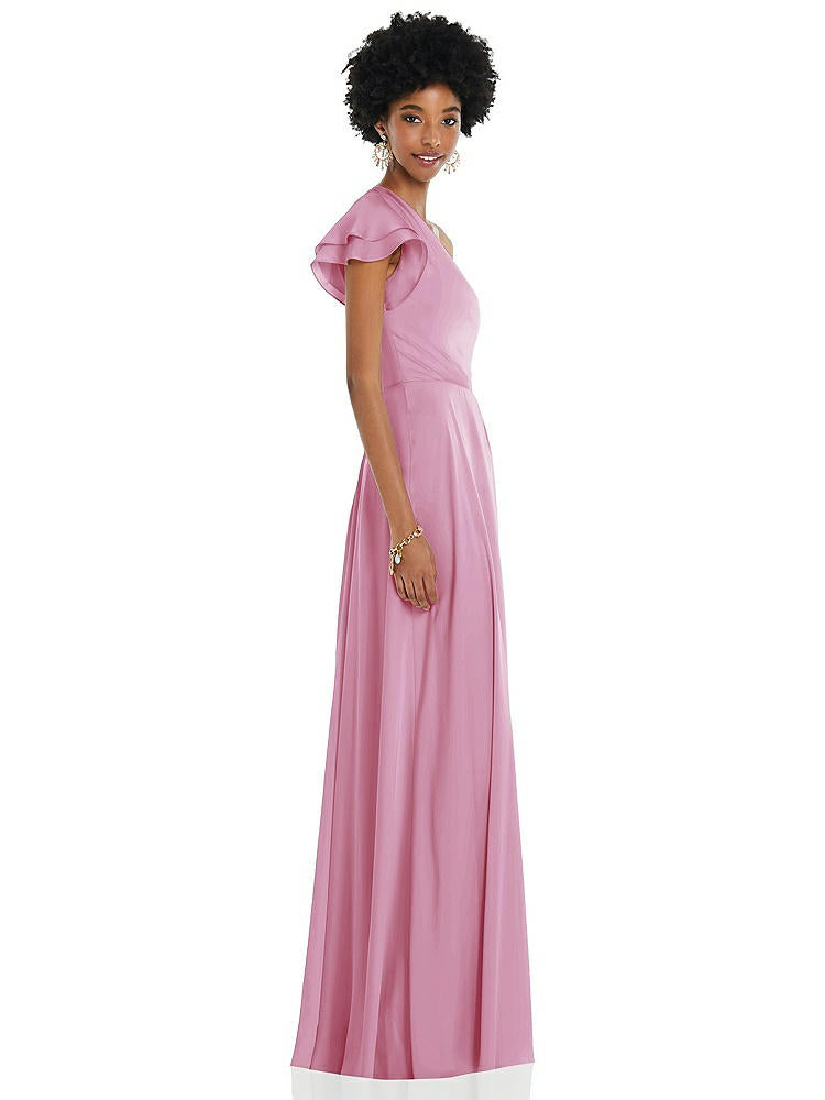 【NEW】【STYLE: 3099】ドレープ ワンショルダー フラッター 袖 マキシ ドレス 前面 スリット【COLOR: Powder Pink】【SIZE: 00-30W】