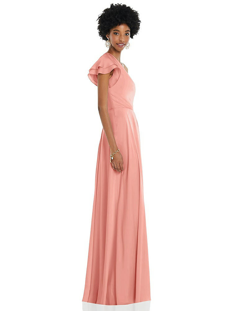 【NEW】【STYLE: 3099】ドレープ ワンショルダー フラッター 袖 マキシ ドレス 前面 スリット【COLOR: Rose - PANTONE Rose Quartz】【SIZE: 00-30W】