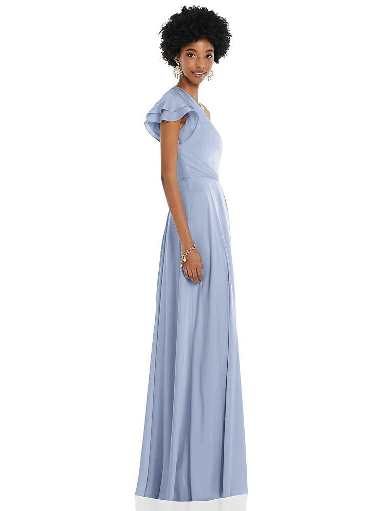 【NEW】【STYLE: 3099】ドレープ ワンショルダー フラッター 袖 マキシ ドレス 前面 スリット【COLOR: Sky Blue】【SIZE: 00-30W】