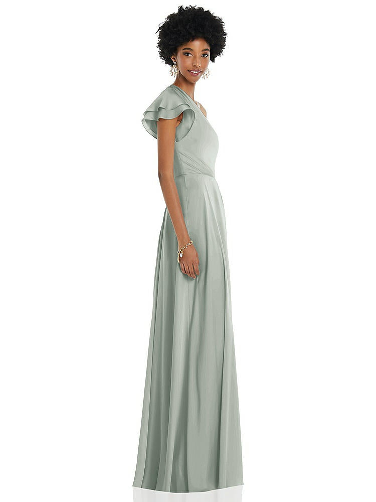 【NEW】【STYLE: 3099】ドレープ ワンショルダー フラッター 袖 マキシ ドレス 前面 スリット【COLOR: Willow Green】【SIZE: 00-30W】