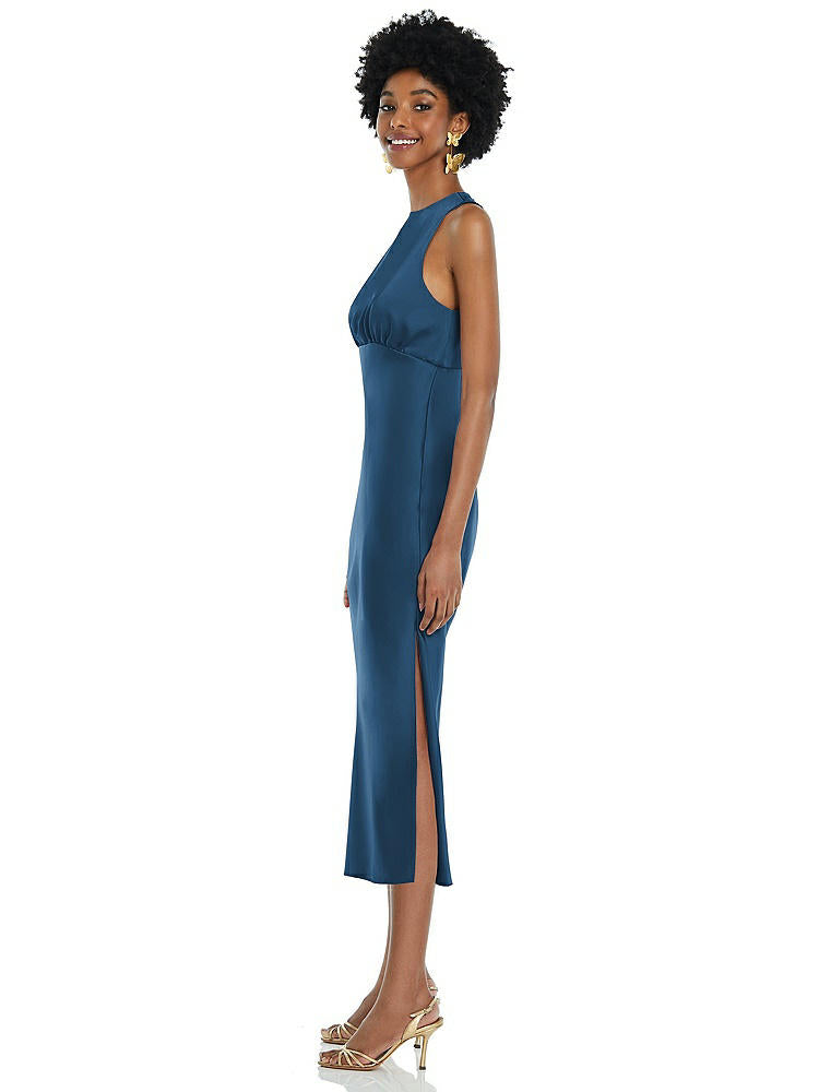 【STYLE: LB042】Jewel Neck Sleeveless Midi Dress with Bias Skirt【COLOR: Dusk Blue】