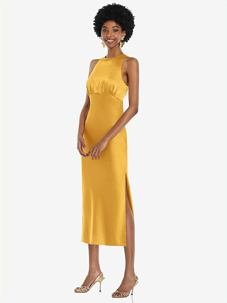 【STYLE: LB042】Jewel Neck Sleeveless Midi Dress with Bias Skirt【COLOR: NYC Yellow】
