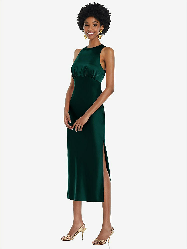 【STYLE: LB042】Jewel Neck Sleeveless Midi Dress with Bias Skirt【COLOR: Evergreen】