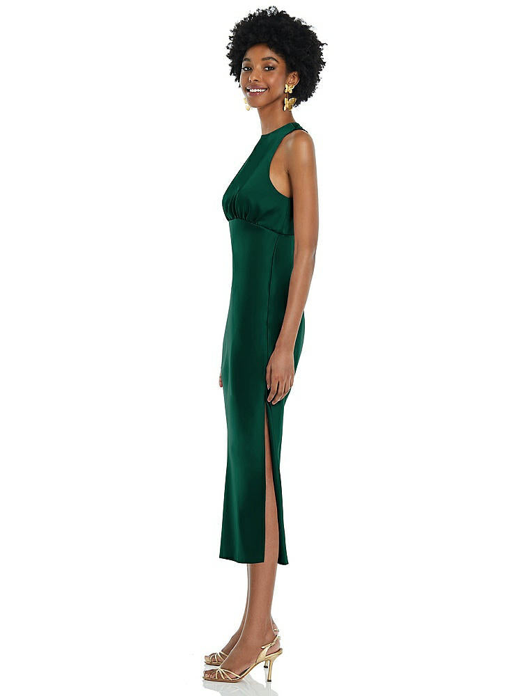 【STYLE: LB042】Jewel Neck Sleeveless Midi Dress with Bias Skirt【COLOR: Hunter Green】