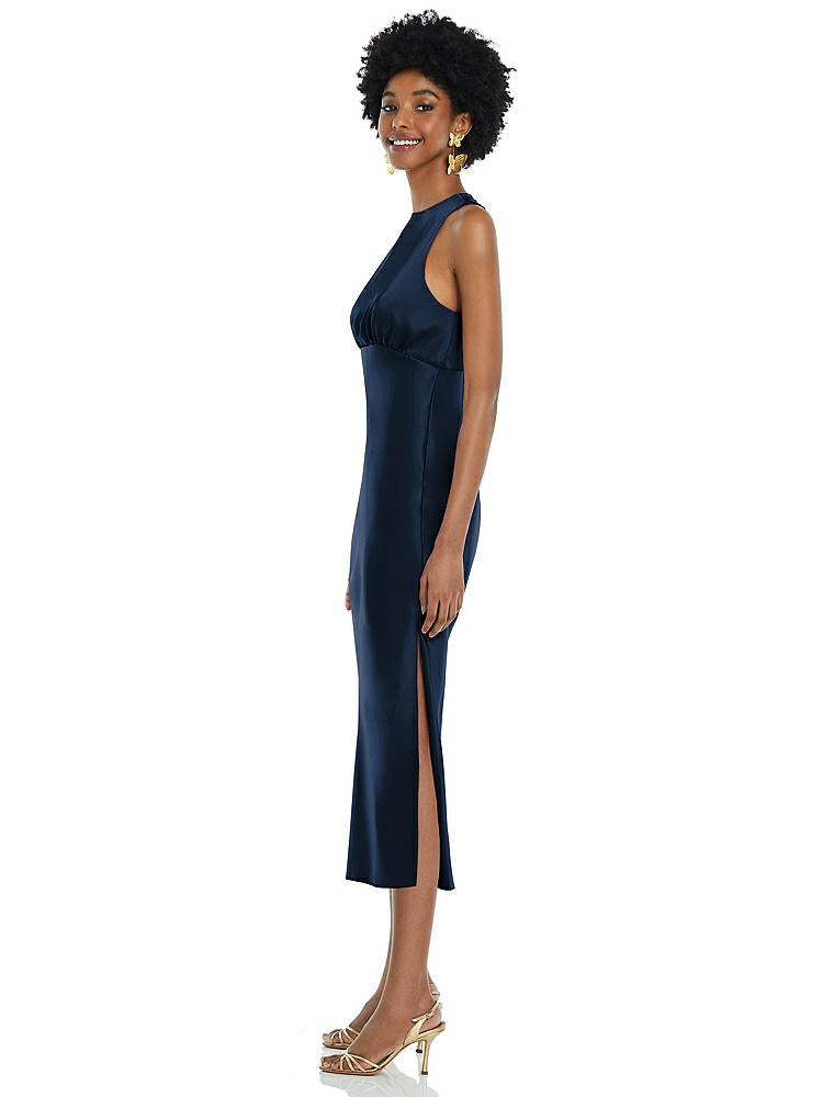 【STYLE: LB042】Jewel Neck Sleeveless Midi Dress with Bias Skirt【COLOR: Midnight Navy】