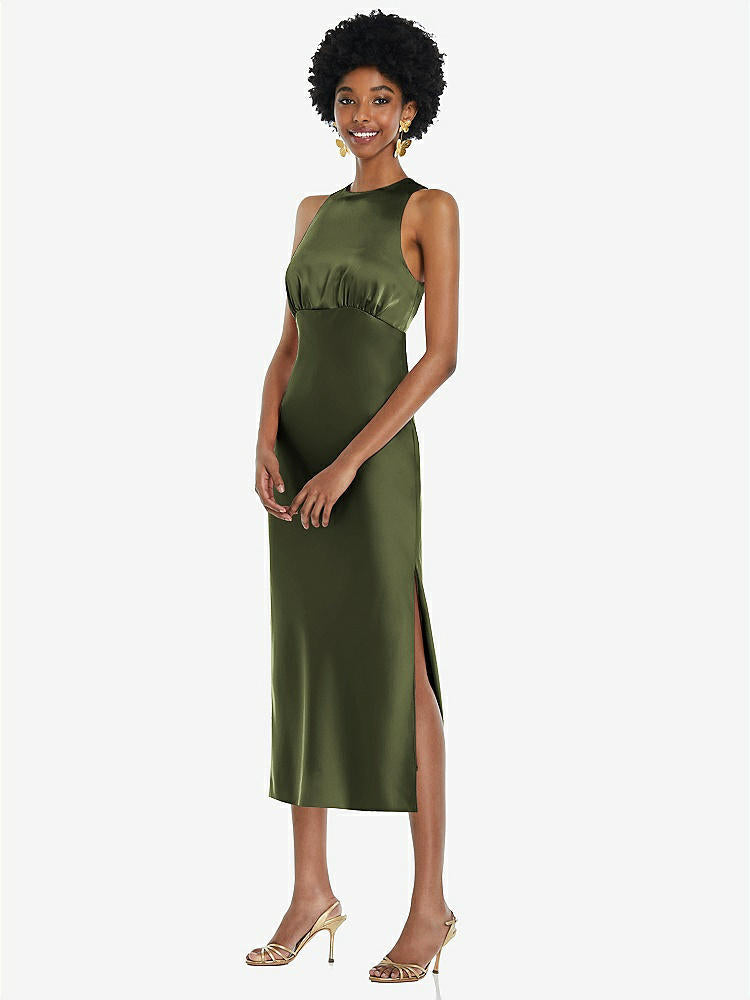 【STYLE: LB042】Jewel Neck Sleeveless Midi Dress with Bias Skirt【COLOR: Olive Green】