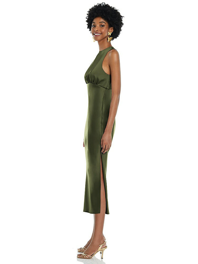 【STYLE: LB042】Jewel Neck Sleeveless Midi Dress with Bias Skirt【COLOR: Olive Green】