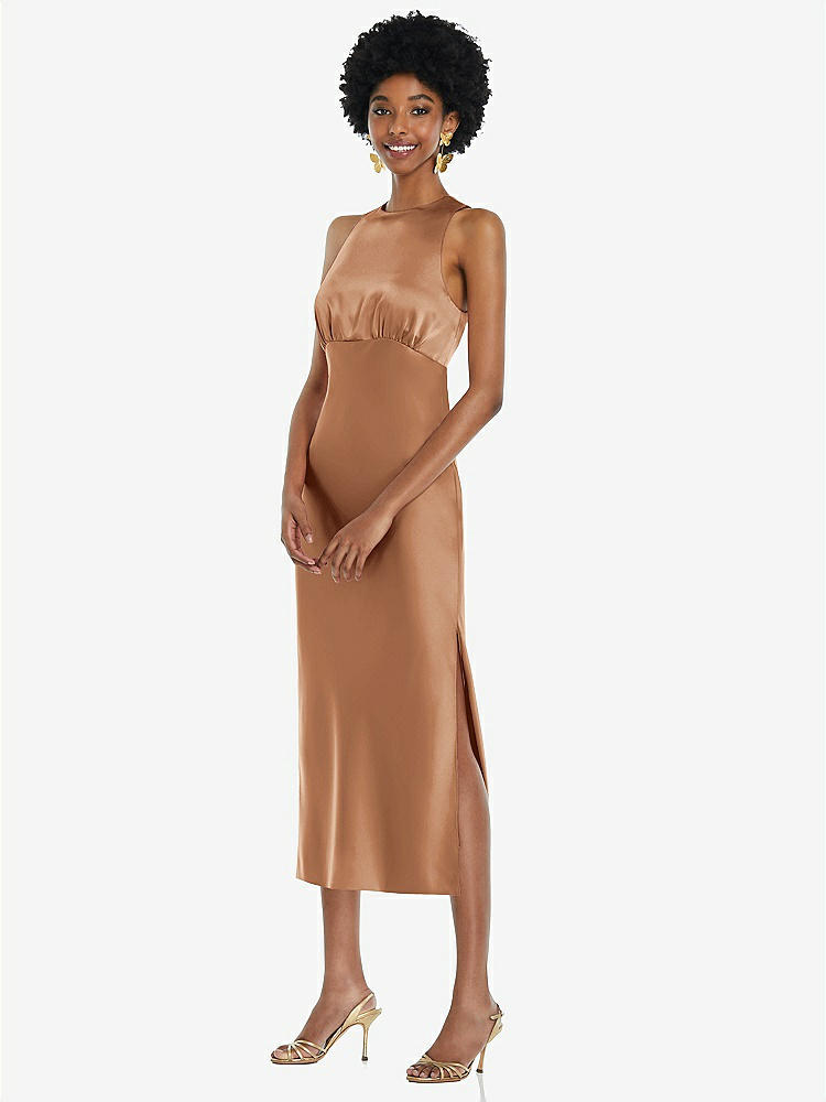 【STYLE: LB042】Jewel Neck Sleeveless Midi Dress with Bias Skirt【COLOR: Toffee】