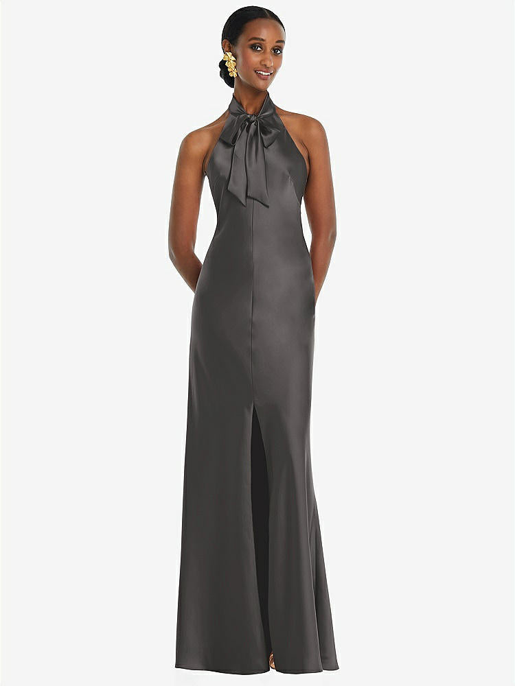 【NEW】【STYLE: LB039】スカーフ ネクタイ スタンド 襟 マキシ ドレス 前面 スリット【COLOR: Caviar Gray】【SIZE: 00-30W】