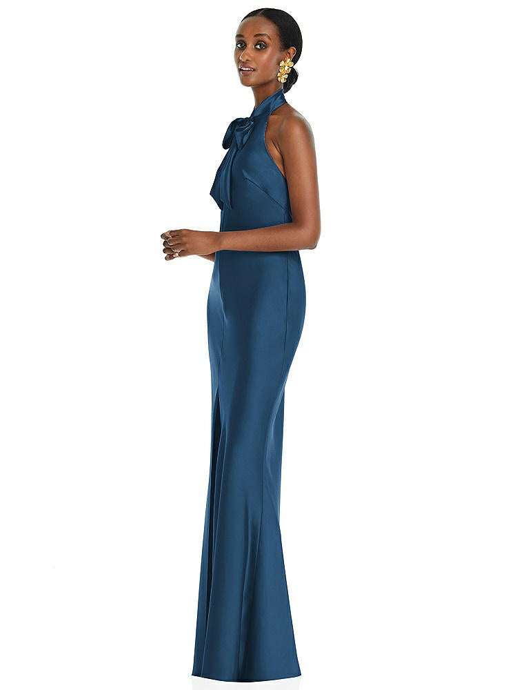 【STYLE: LB039】Scarf Tie Stand Collar Maxi Dress with Front Slit【COLOR: Dusk Blue】