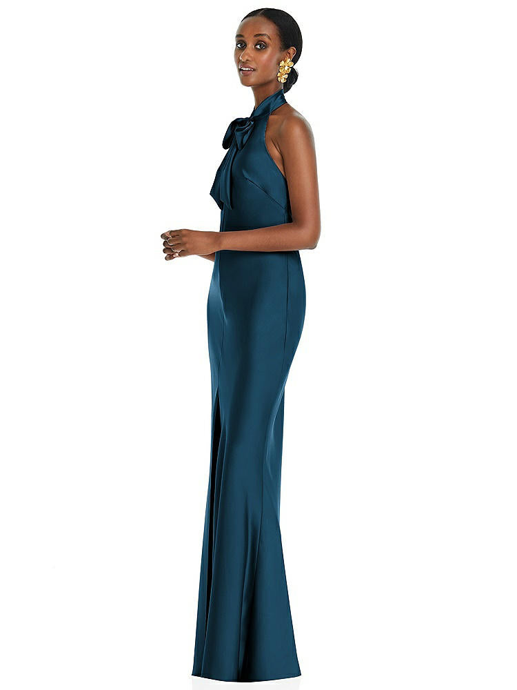 【STYLE: LB039】Scarf Tie Stand Collar Maxi Dress with Front Slit【COLOR: Atlantic Blue】