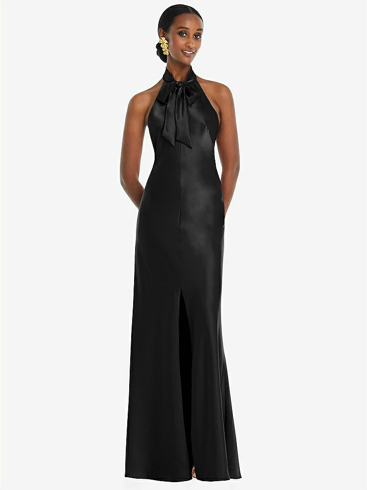 【STYLE: LB039】Scarf Tie Stand Collar Maxi Dress with Front Slit【COLOR: Black】