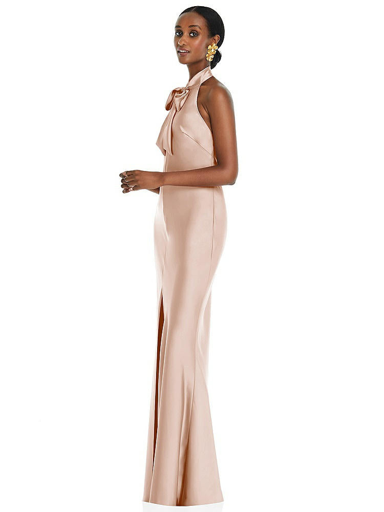 【STYLE: LB039】Scarf Tie Stand Collar Maxi Dress with Front Slit【COLOR: Cameo】