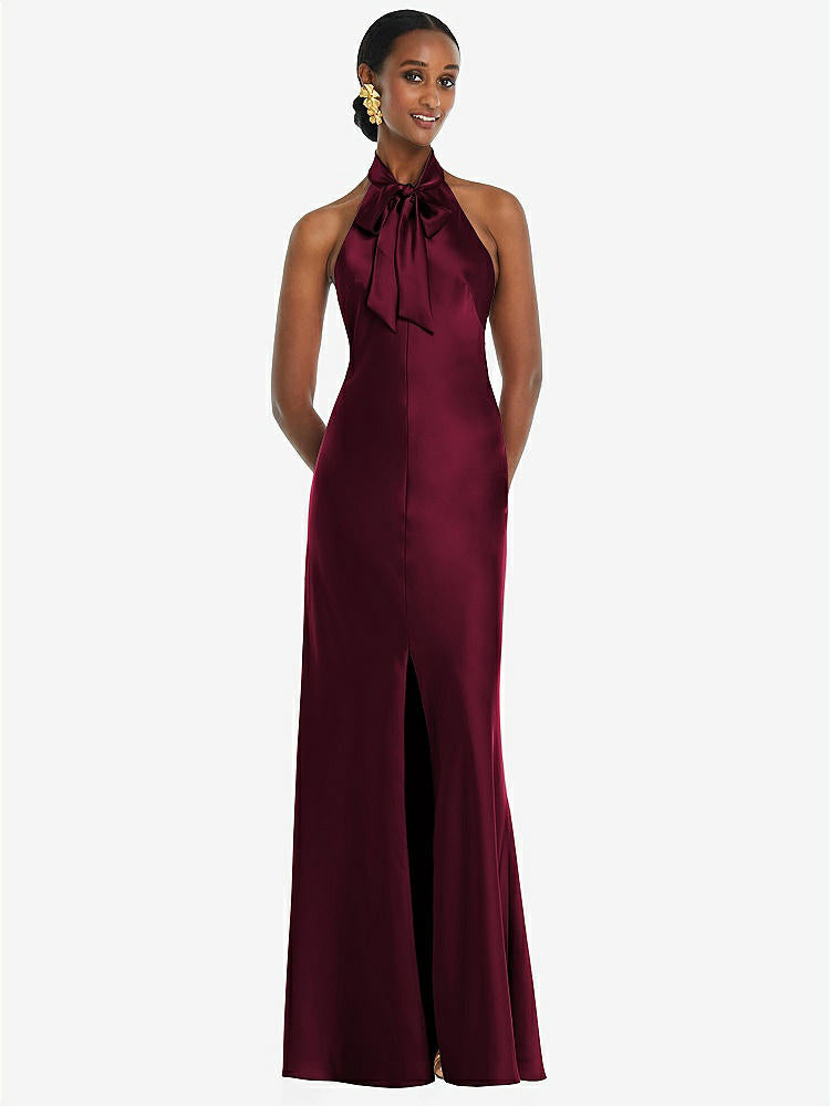 【STYLE: LB039】Scarf Tie Stand Collar Maxi Dress with Front Slit【COLOR: Cabernet】
