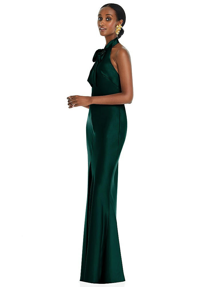 【STYLE: LB039】Scarf Tie Stand Collar Maxi Dress with Front Slit【COLOR: Evergreen】
