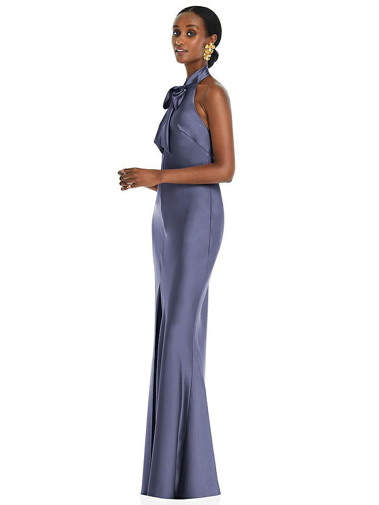 【STYLE: LB039】Scarf Tie Stand Collar Maxi Dress with Front Slit【COLOR: French Blue】