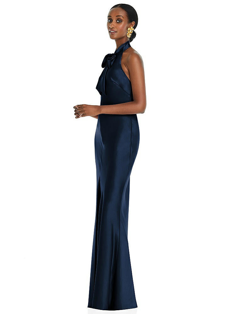 【STYLE: LB039】Scarf Tie Stand Collar Maxi Dress with Front Slit【COLOR: Midnight Navy】