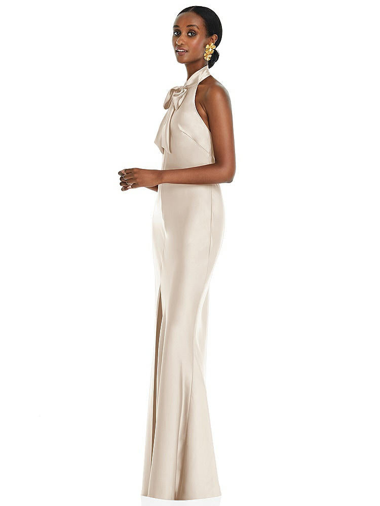 【STYLE: LB039】Scarf Tie Stand Collar Maxi Dress with Front Slit【COLOR: Oat】