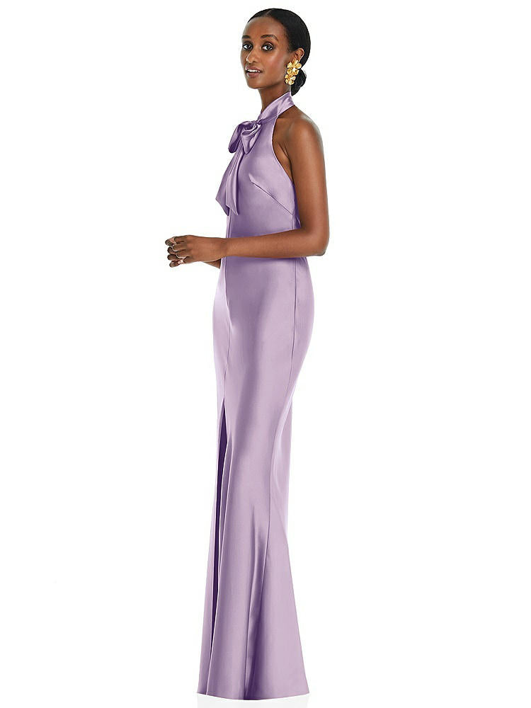 【STYLE: LB039】Scarf Tie Stand Collar Maxi Dress with Front Slit【COLOR: Pale Purple】