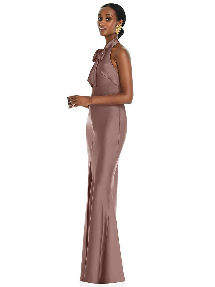 【STYLE: LB039】Scarf Tie Stand Collar Maxi Dress with Front Slit【COLOR: Sienna】