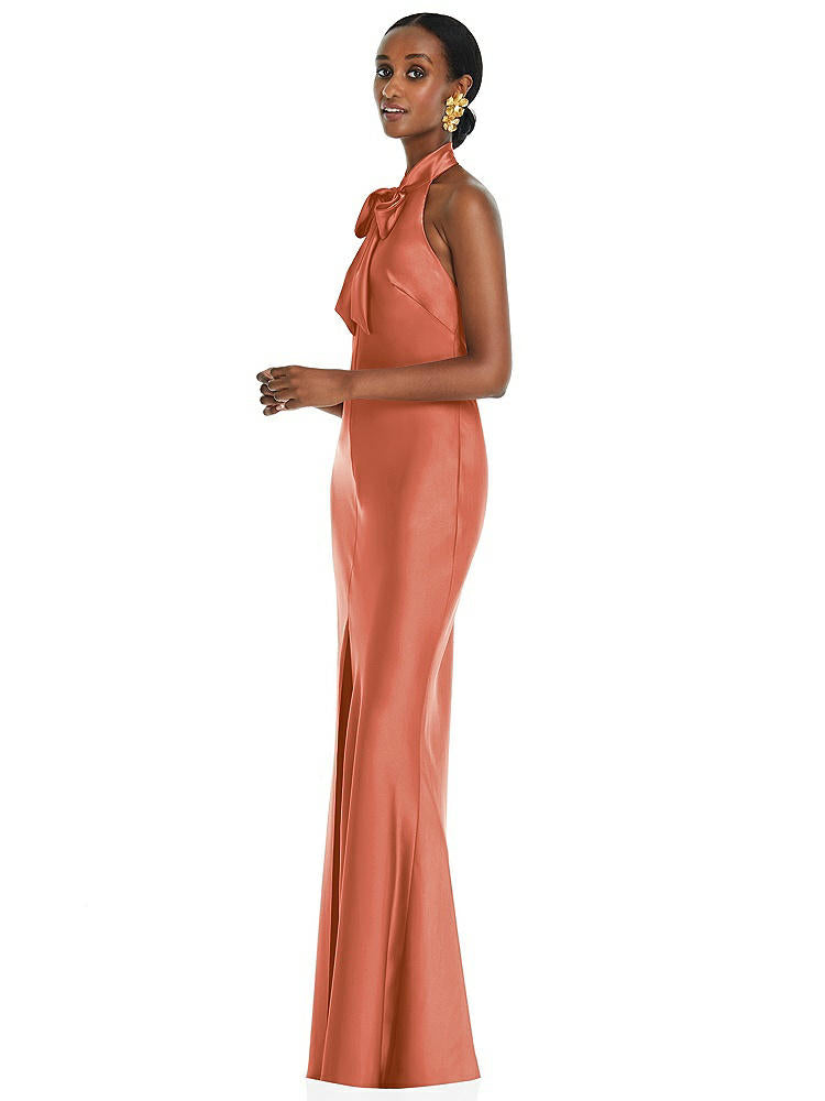 【STYLE: LB039】Scarf Tie Stand Collar Maxi Dress with Front Slit【COLOR: Terracotta Copper】