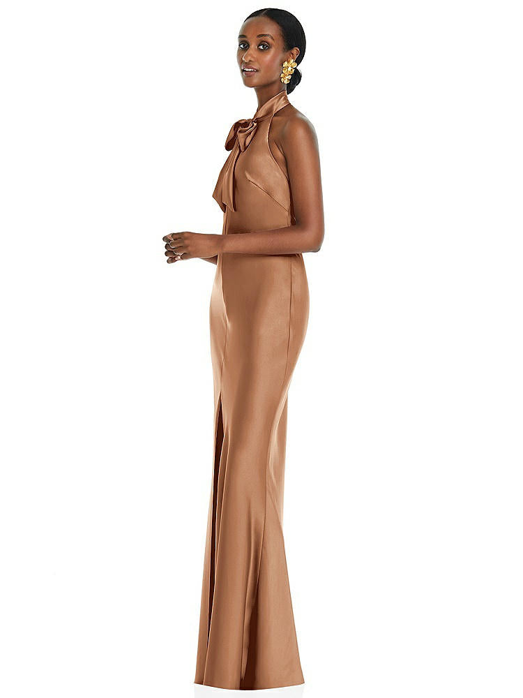 【STYLE: LB039】Scarf Tie Stand Collar Maxi Dress with Front Slit【COLOR: Toffee】