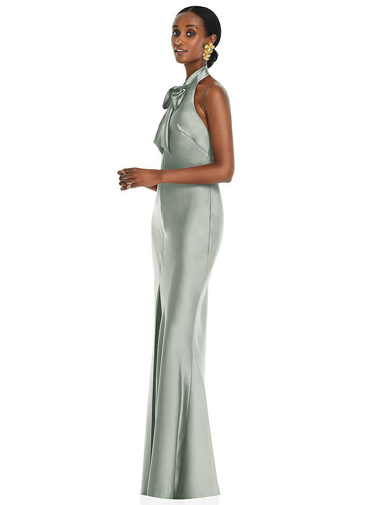 【STYLE: LB039】Scarf Tie Stand Collar Maxi Dress with Front Slit【COLOR: Willow Green】