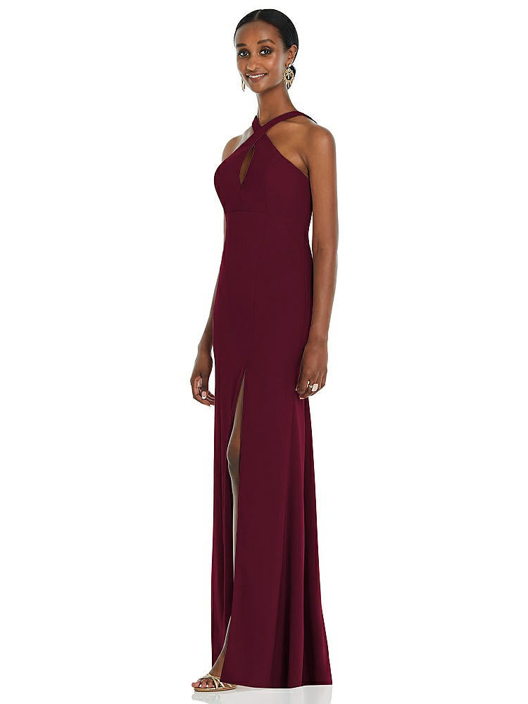 【STYLE: 3093】Criss Cross Halter Princess Line Trumpet Gown【COLOR: Cabernet】