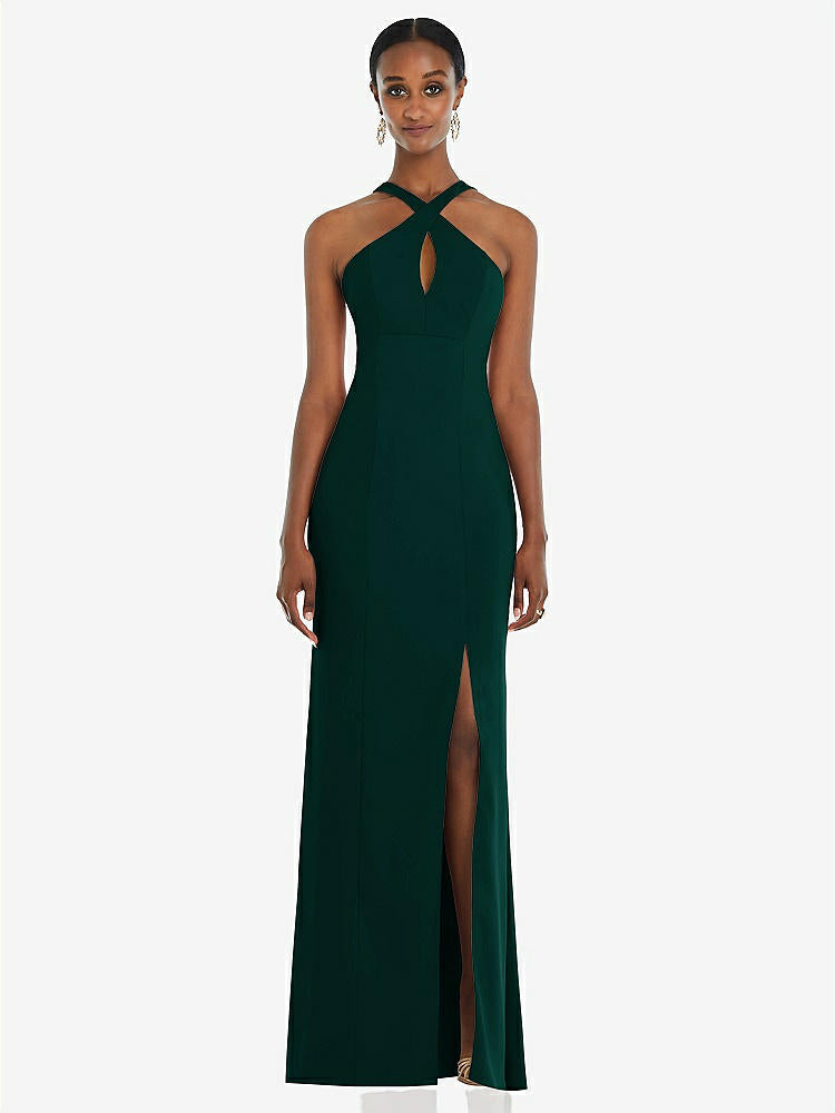 【STYLE: 3093】Criss Cross Halter Princess Line Trumpet Gown【COLOR: Evergreen】