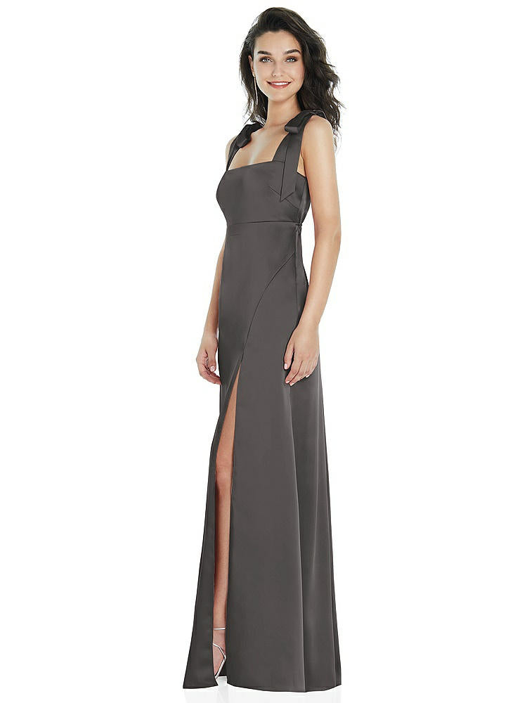 【STYLE: 8224】Flat Tie-Shoulder Empire Waist Maxi Dress with Front Slit【COLOR: Caviar Gray】